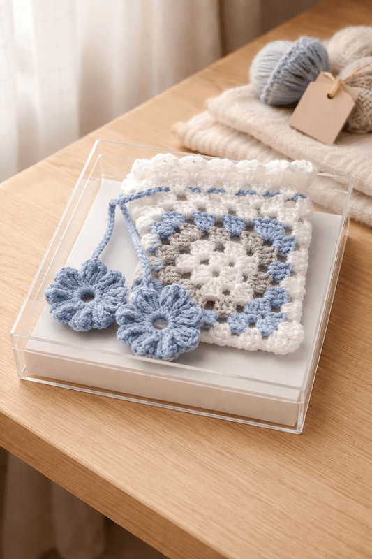Mini Sac Crochet – Blanc, Gris & Bleu